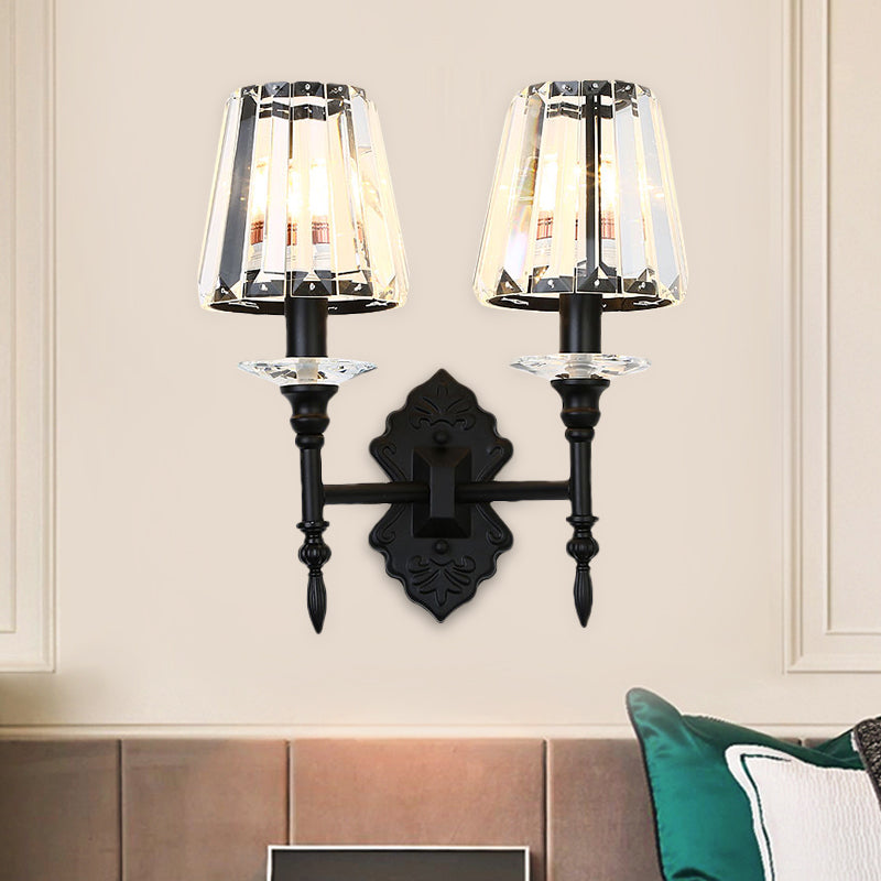 Lisslune | 1/2-Light Nightstand Wall Lighting Modernism Black Wall-Mounted Lamp with Conical Crystal Block Shade