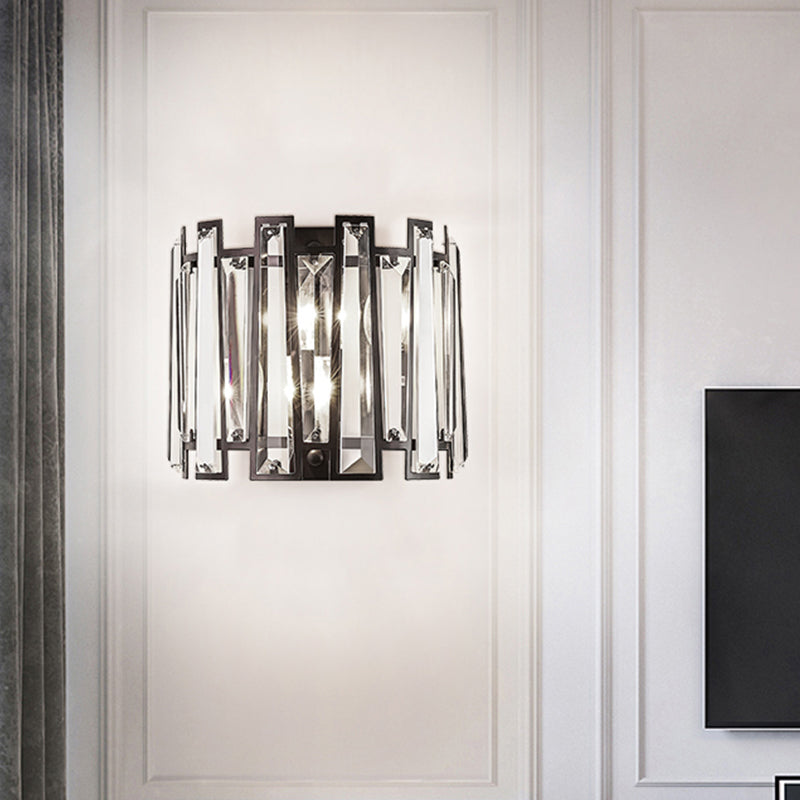 Lisslune | Modern 2 Bulb Wall Lamp with Crystal Shade Black Half Cylinder Wall Mount Lamp