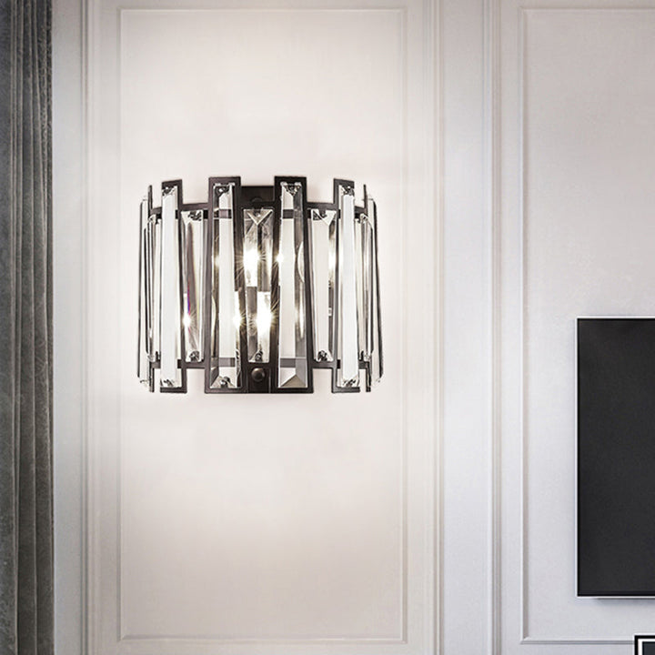 Lisslune | Modern 2 Bulb Wall Lamp with Crystal Shade Black Half Cylinder Wall Mount Lamp