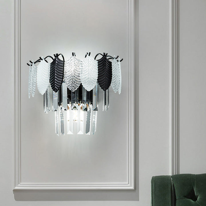 Lisslune | 2-Layer Crystal Rectangle Wall Lamp Modernist 3 Heads Black and White Wall Light with Leaf Acrylic Deco