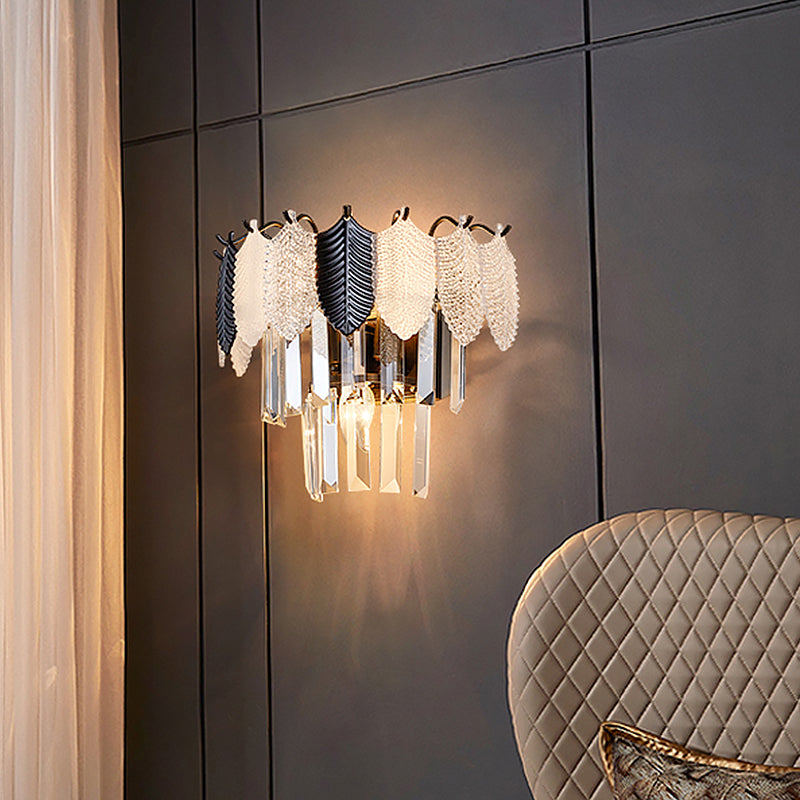 Lisslune | 2-Layer Crystal Rectangle Wall Lamp Modernist 3 Heads Black and White Wall Light with Leaf Acrylic Deco