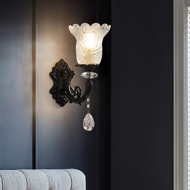 Lisslune | Minimalistic 1/2-bulb wall lighting with clear crystal glass shade black flowers wall lamp