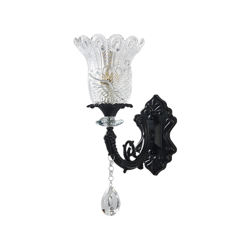 Lisslune | Minimalistic 1/2-bulb wall lighting with clear crystal glass shade black flowers wall lamp