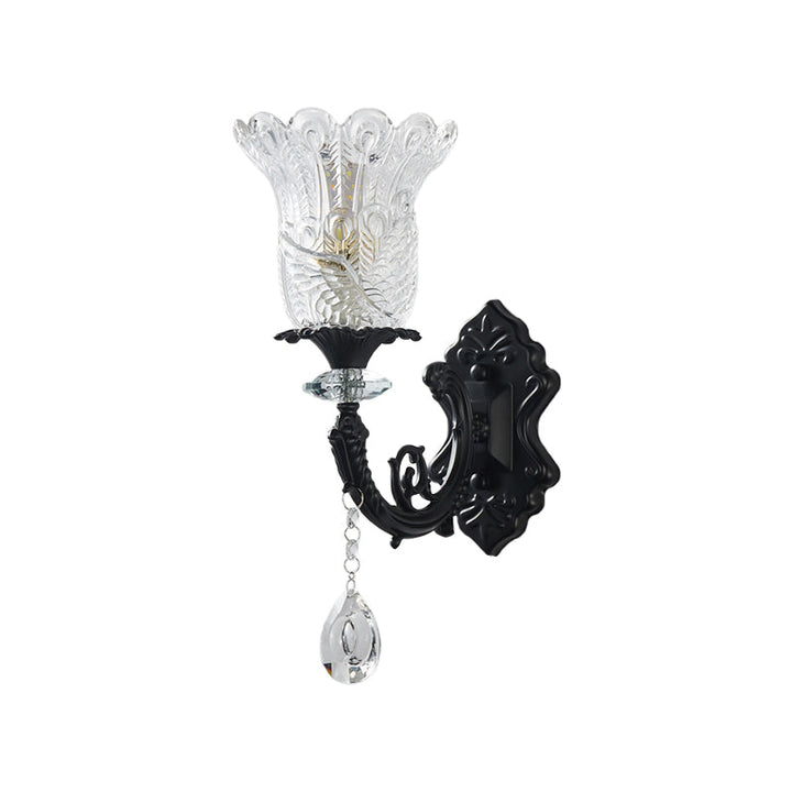 Lisslune | Minimalistic 1/2-bulb wall lighting with clear crystal glass shade black flowers wall lamp