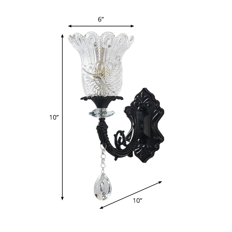 Lisslune | Minimalistic 1/2-bulb wall lighting with clear crystal glass shade black flowers wall lamp