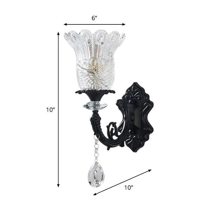 Lisslune | Minimalistic 1/2-bulb wall lighting with clear crystal glass shade black flowers wall lamp