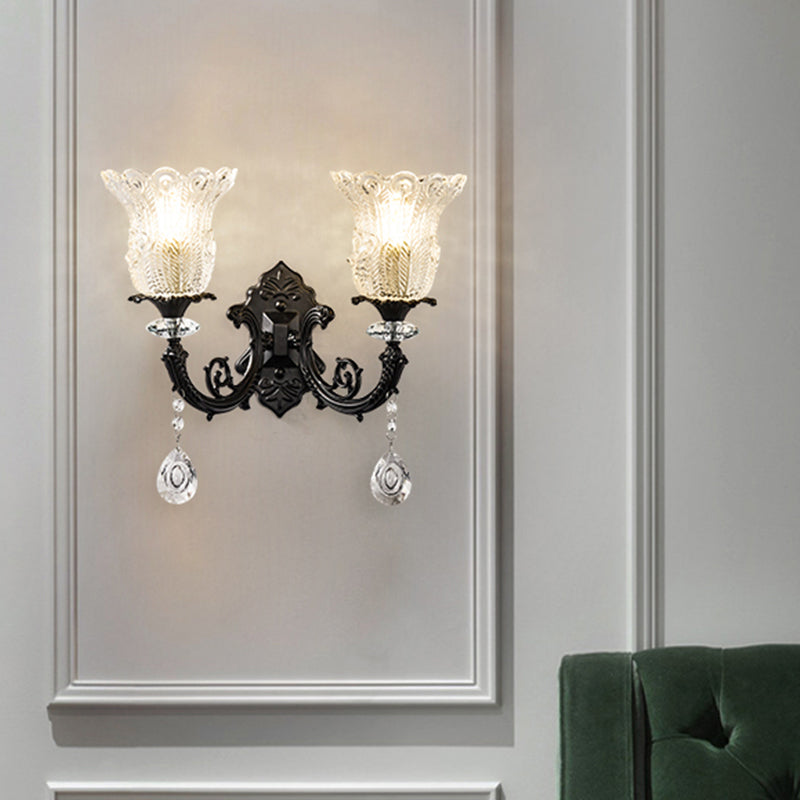 Lisslune | Minimalistic 1/2-bulb wall lighting with clear crystal glass shade black flowers wall lamp