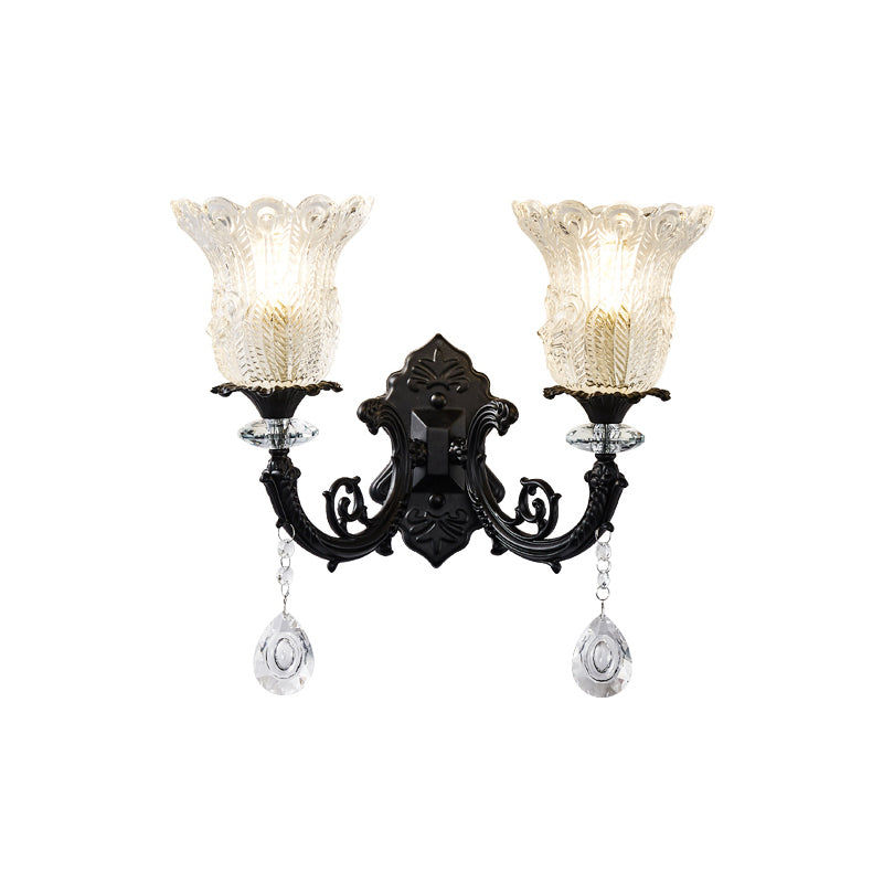 Lisslune | Minimalistic 1/2-bulb wall lighting with clear crystal glass shade black flowers wall lamp