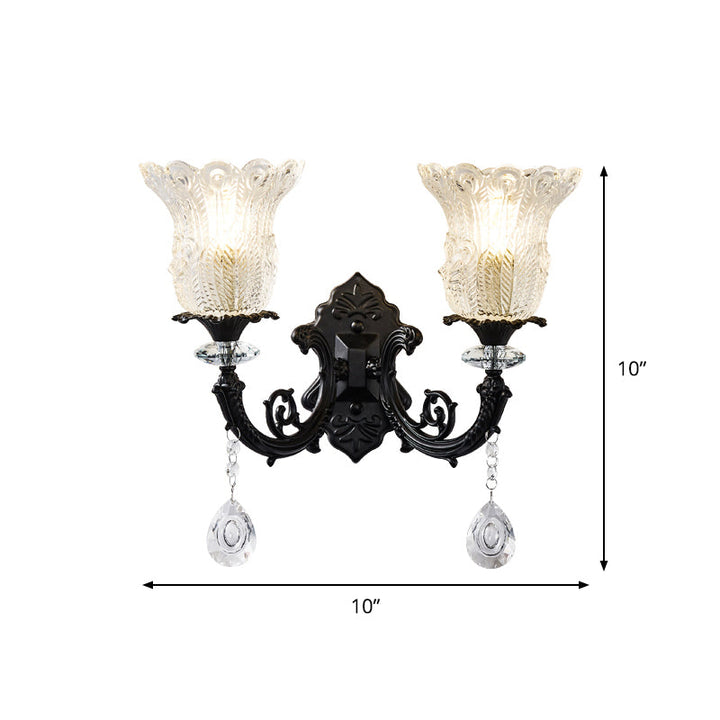 Lisslune | Minimalistic 1/2-bulb wall lighting with clear crystal glass shade black flowers wall lamp