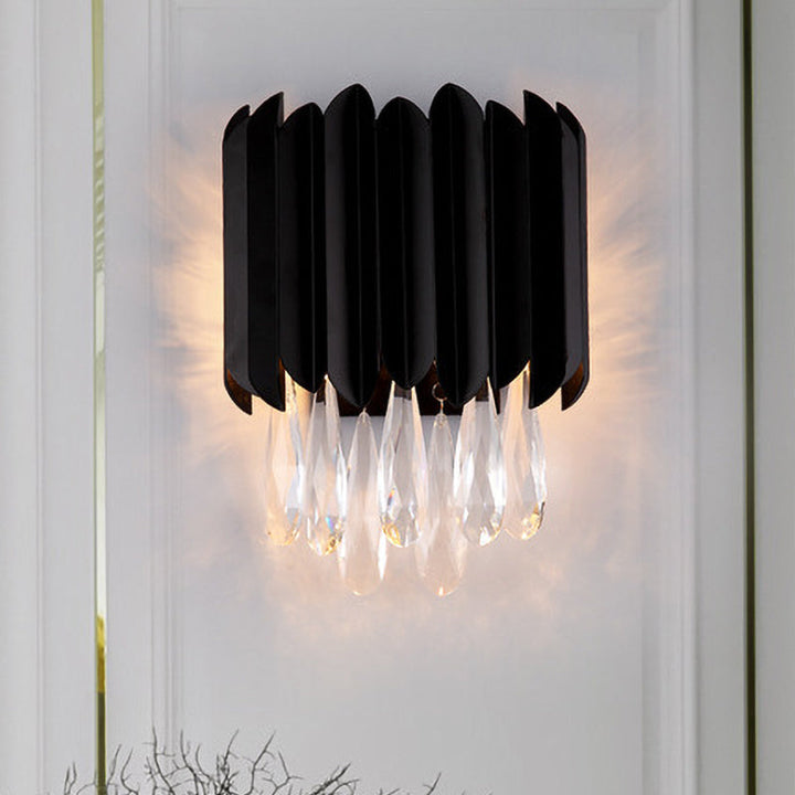 Lisslune | 2 Light Flush Mount Wall Sconces Mid Century Tube Metal Wall Lamp in Black with Cut Crystal Drops