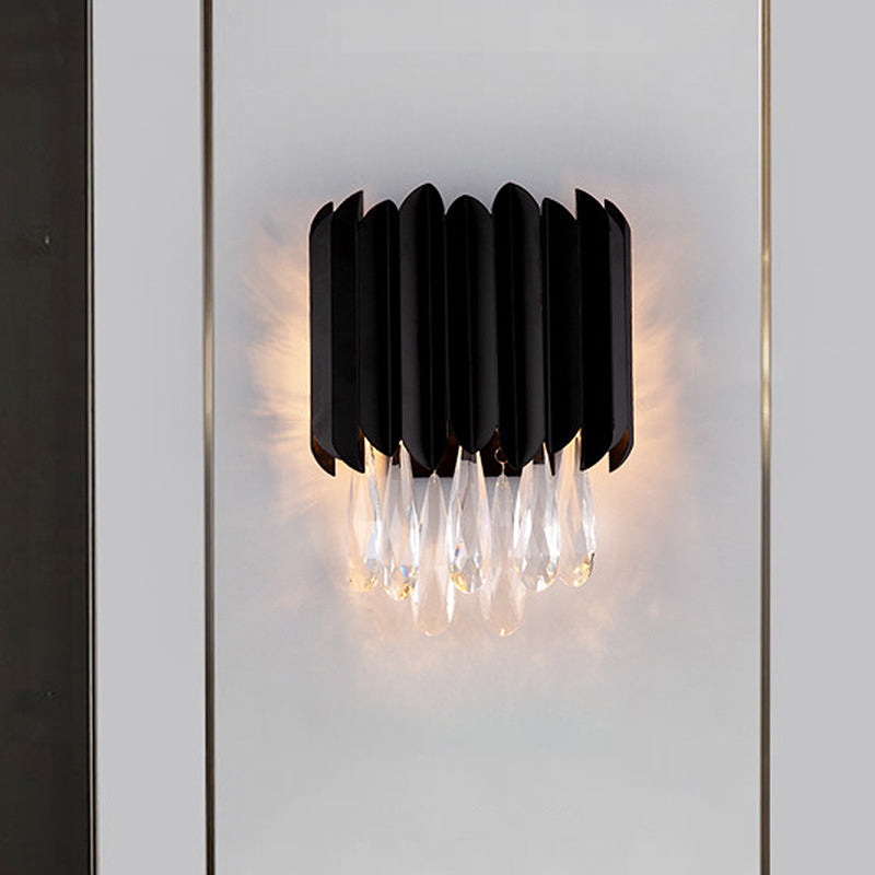 Lisslune | 2 Light Flush Mount Wall Sconces Mid Century Tube Metal Wall Lamp in Black with Cut Crystal Drops