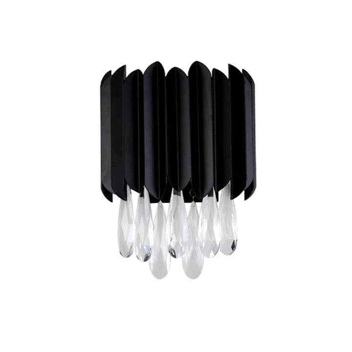 Lisslune | 2 Light Flush Mount Wall Sconces Mid Century Tube Metal Wall Lamp in Black with Cut Crystal Drops