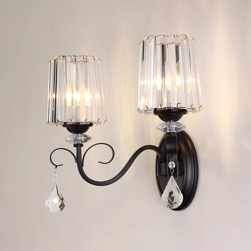 Lisslune | 1/2-Light Clear Prism Crystal Wall Light Modern Black Cylinder Living Room Wall Mount Lamp