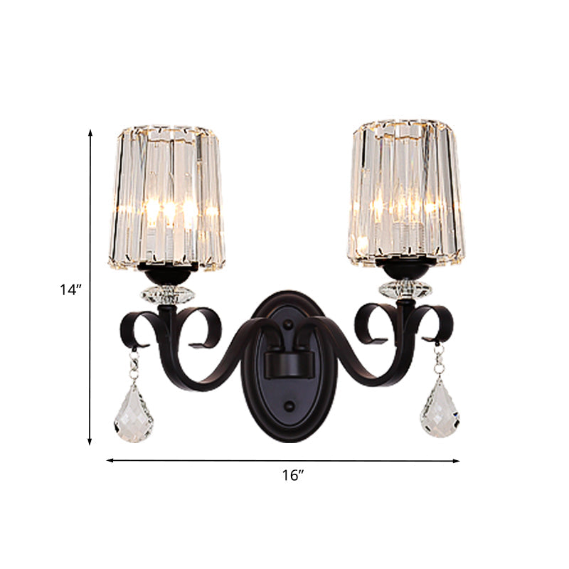 Lisslune | 1/2-Light Clear Prism Crystal Wall Light Modern Black Cylinder Living Room Wall Mount Lamp