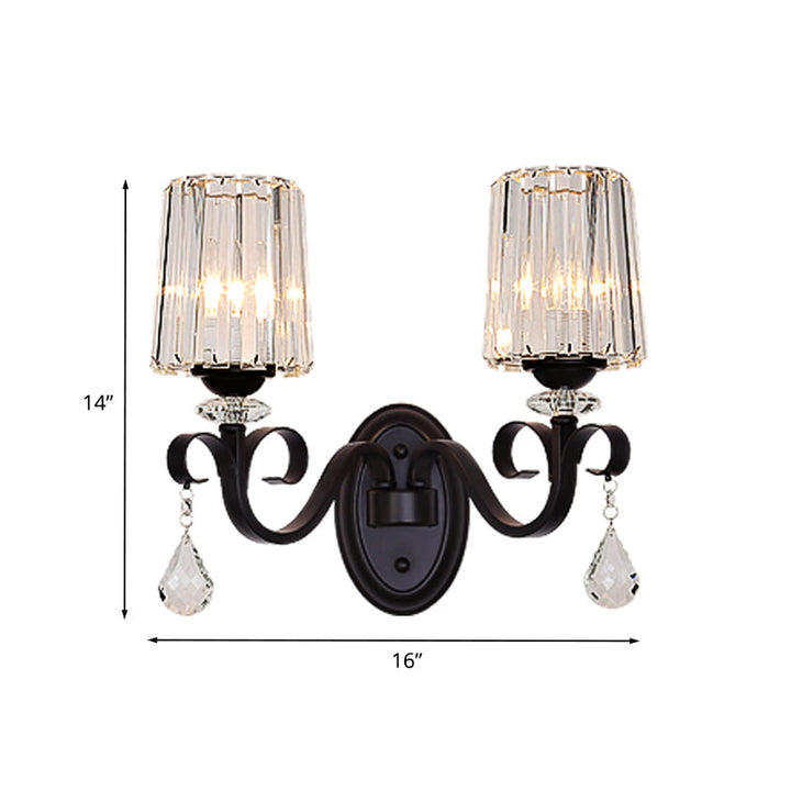 Lisslune | 1/2-Light Clear Prism Crystal Wall Light Modern Black Cylinder Living Room Wall Mount Lamp