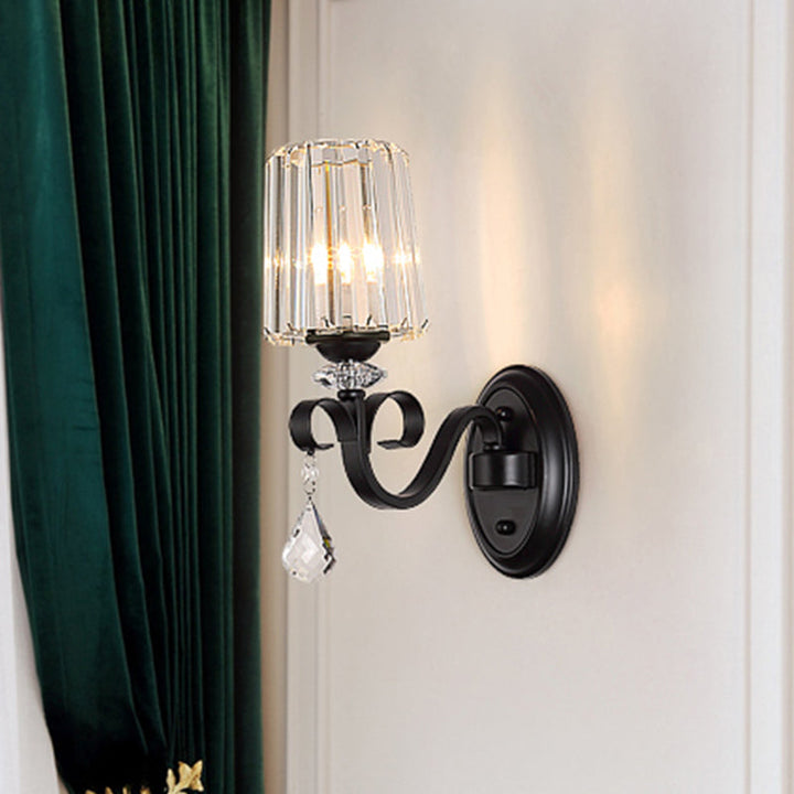Lisslune | 1/2-Light Clear Prism Crystal Wall Light Modern Black Cylinder Living Room Wall Mount Lamp