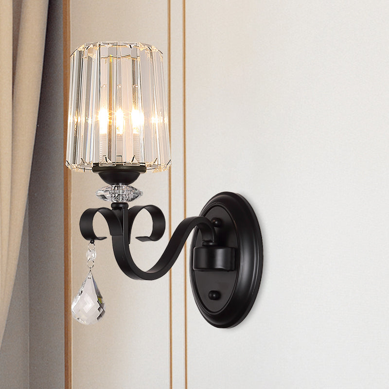 Lisslune | 1/2-Light Clear Prism Crystal Wall Light Modern Black Cylinder Living Room Wall Mount Lamp