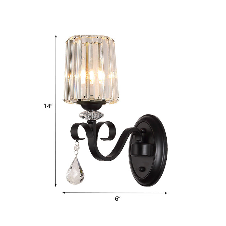 Lisslune | 1/2-Light Clear Prism Crystal Wall Light Modern Black Cylinder Living Room Wall Mount Lamp
