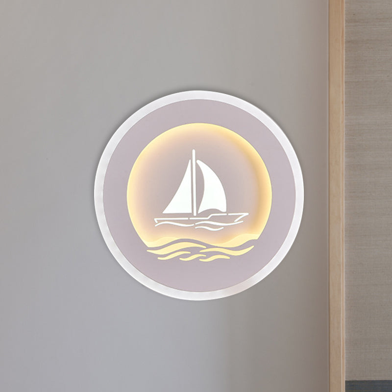 Lisslune | Simplicity Circle Wall Light with Sailboat/Tree Pattern Acrylic Study Room LED Wall Lighting Fixture in White