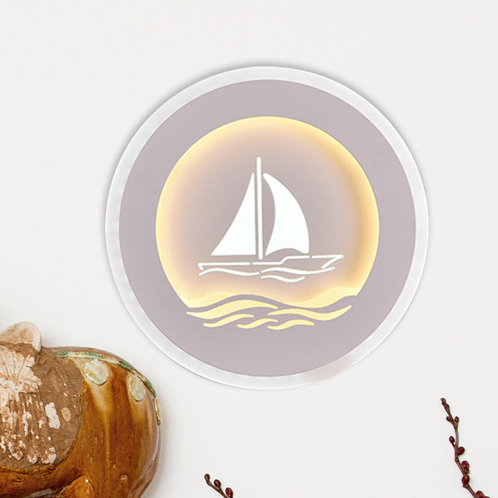 Lisslune | Simplicity Circle Wall Light with Sailboat/Tree Pattern Acrylic Study Room LED Wall Lighting Fixture in White