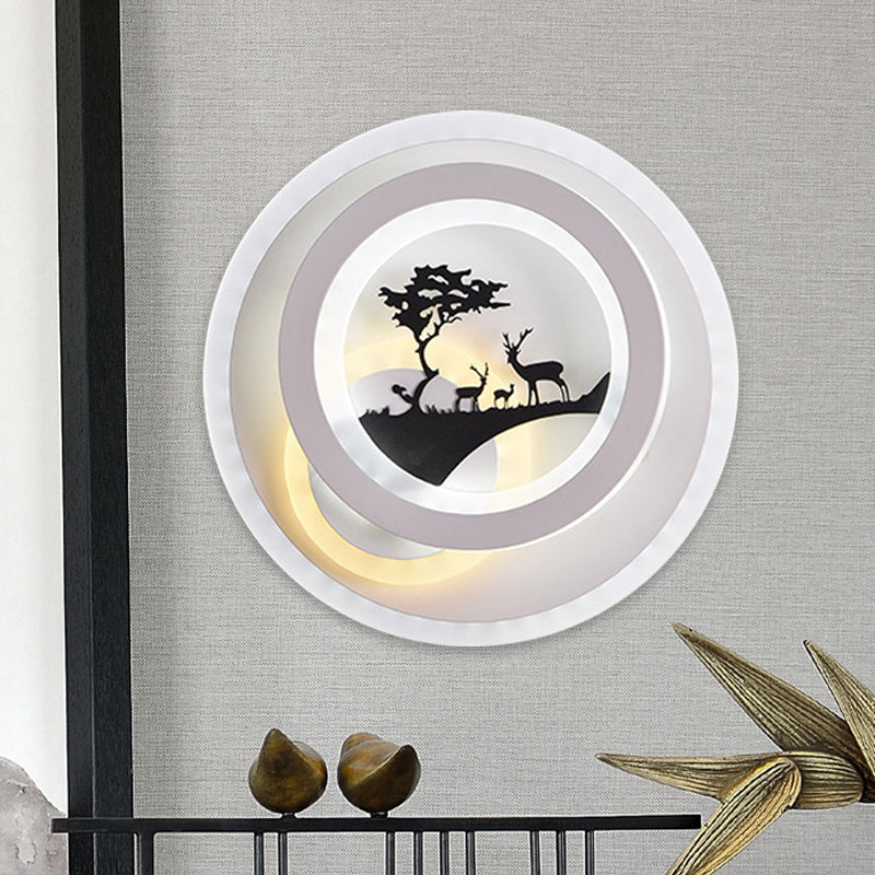 Lisslune | White circular wall lighting idea simplicity LED acrylic wall lamp with tree and moose decoration for bedroom