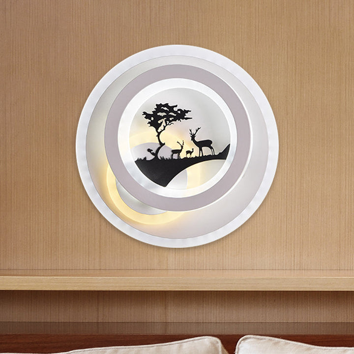 Lisslune | White circular wall lighting idea simplicity LED acrylic wall lamp with tree and moose decoration for bedroom