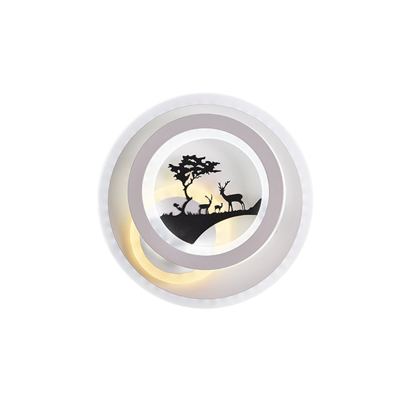 Lisslune | White circular wall lighting idea simplicity LED acrylic wall lamp with tree and moose decoration for bedroom