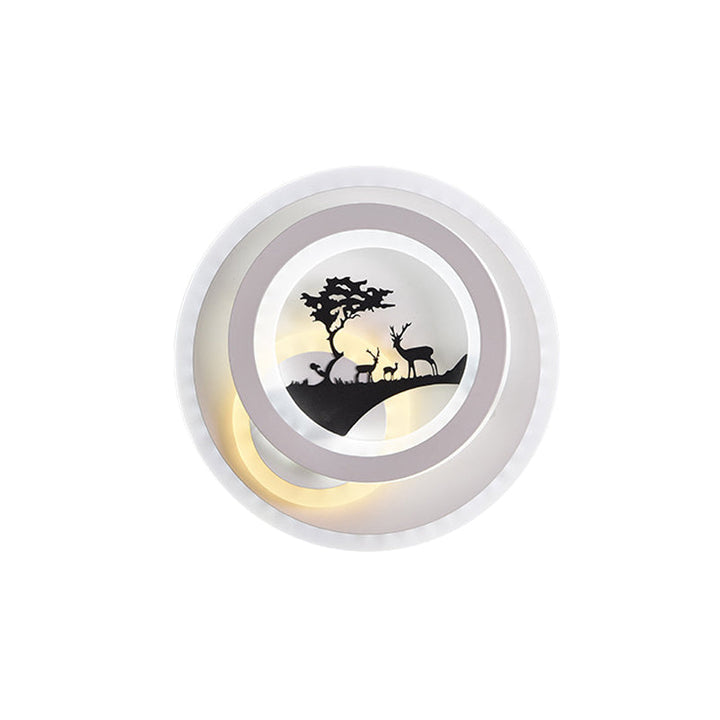 Lisslune | White circular wall lighting idea simplicity LED acrylic wall lamp with tree and moose decoration for bedroom