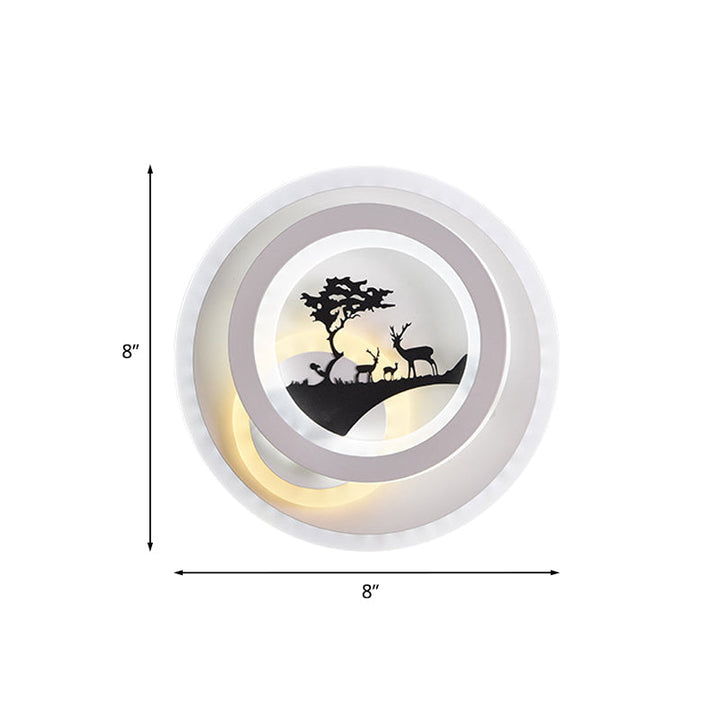 Lisslune | White circular wall lighting idea simplicity LED acrylic wall lamp with tree and moose decoration for bedroom