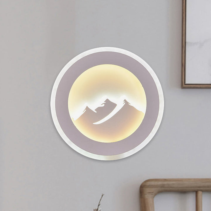 Lisslune | Modern Round Wall Light Lamp Acrylic LED Bedroom Wall Lamp with Mountain Pattern in White