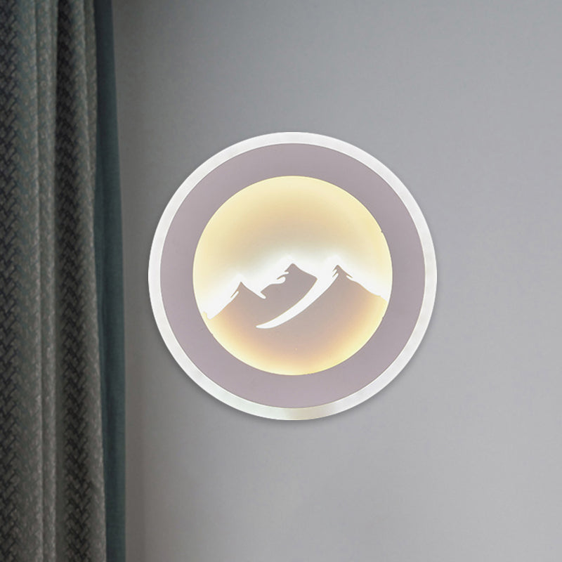 Lisslune | Modern Round Wall Light Lamp Acrylic LED Bedroom Wall Lamp with Mountain Pattern in White