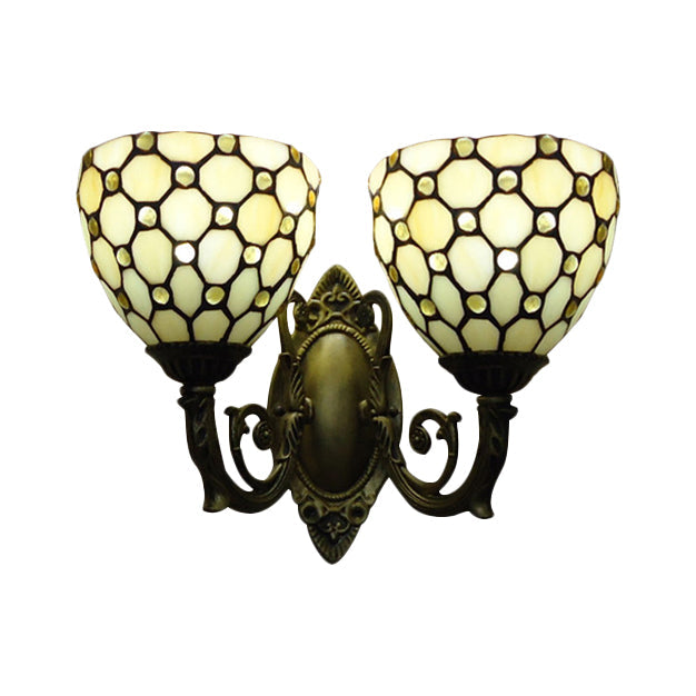 Lisslune | Restaurant Grid Shade Sconce Light Glass 2 Cups Tiffany Vintage Beige Wall Lamp in Beige