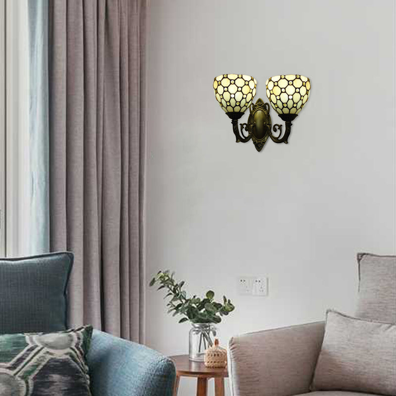 Lisslune | Restaurant Grid Shade Sconce Light Glass 2 Cups Tiffany Vintage Beige Wall Lamp in Beige
