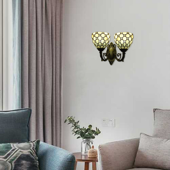Lisslune | Restaurant Grid Shade Sconce Light Glass 2 Cups Tiffany Vintage Beige Wall Lamp in Beige
