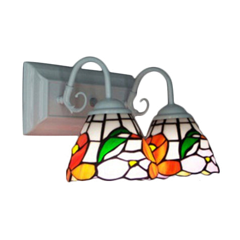 Lisslune | Stained Glass Peony Wall Lighting Tiffany 2 Heads Orange Wall Lamp with Curved Arm