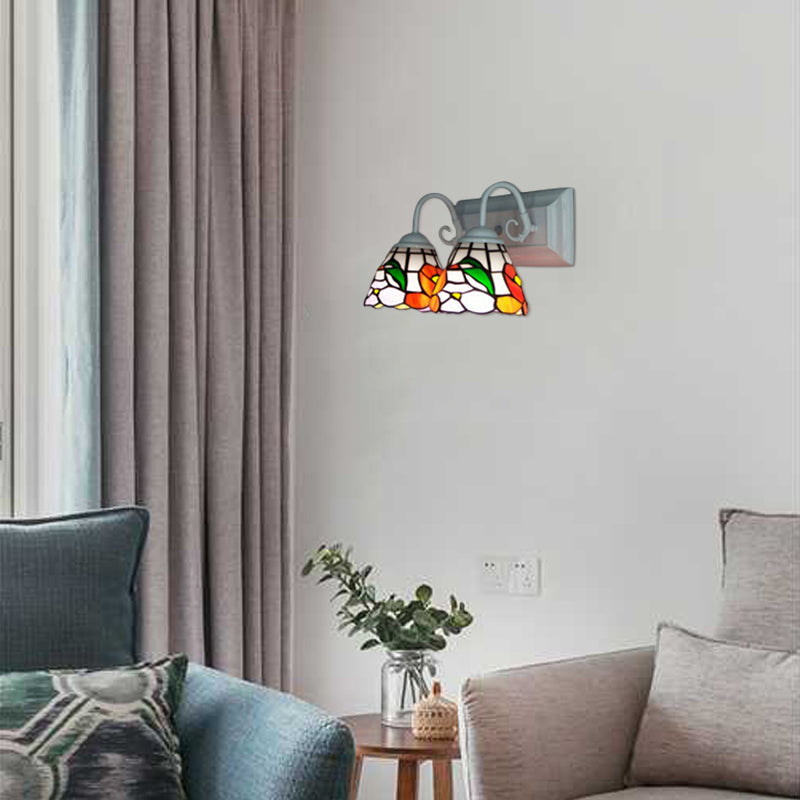 Lisslune | Stained Glass Peony Wall Lighting Tiffany 2 Heads Orange Wall Lamp with Curved Arm