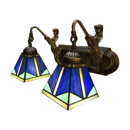 Lisslune | Pyramid Wall Lamp Tiffany Blue Glass 1 Head Antique Brass Wall Lighting