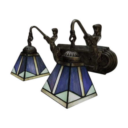 Lisslune | Pyramid Wall Lamp Tiffany Blue Glass 1 Head Antique Brass Wall Lighting