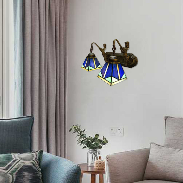 Lisslune | Pyramid Wall Lamp Tiffany Blue Glass 1 Head Antique Brass Wall Lighting
