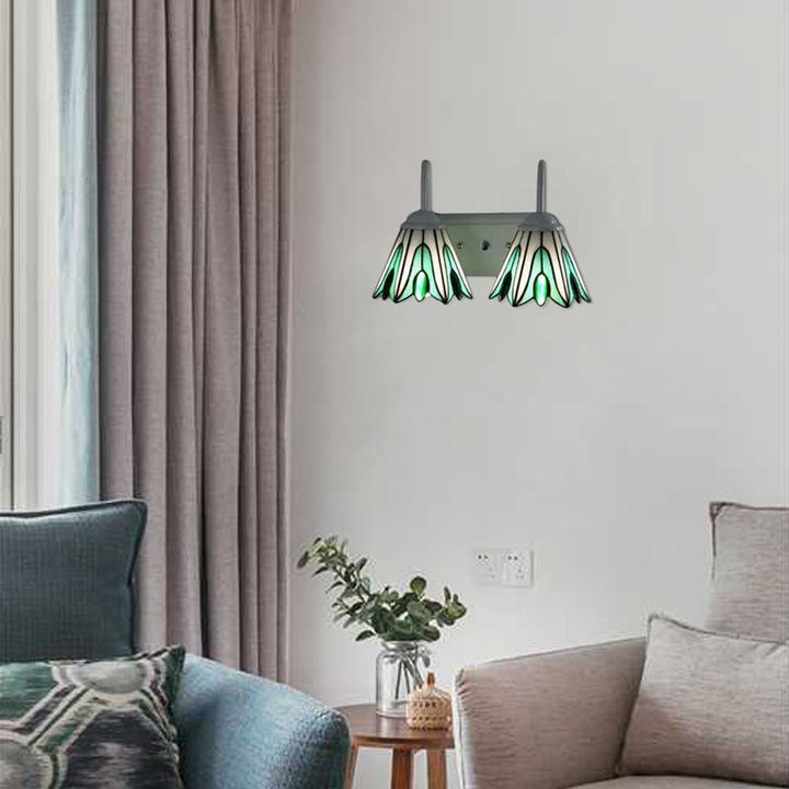 Lisslune | 2 Lights Flowers Wall Mounted Light Tiffany Green Glass Wall Lamp for Living Room