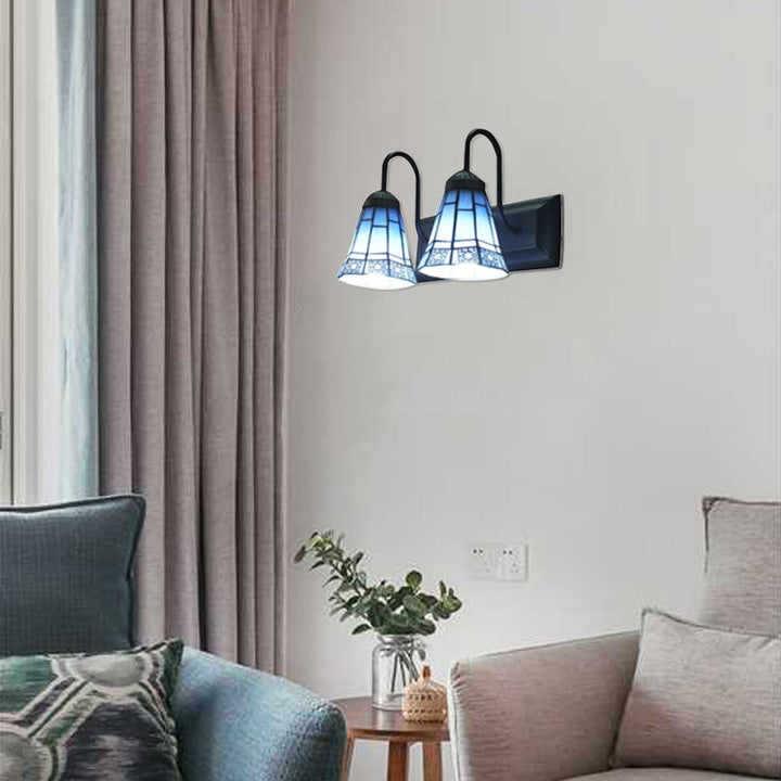 Lisslune | 2 Head Living Room Wall Mounted Light Tiffany Black Wall Lamp with Extended Blue Glass Shade