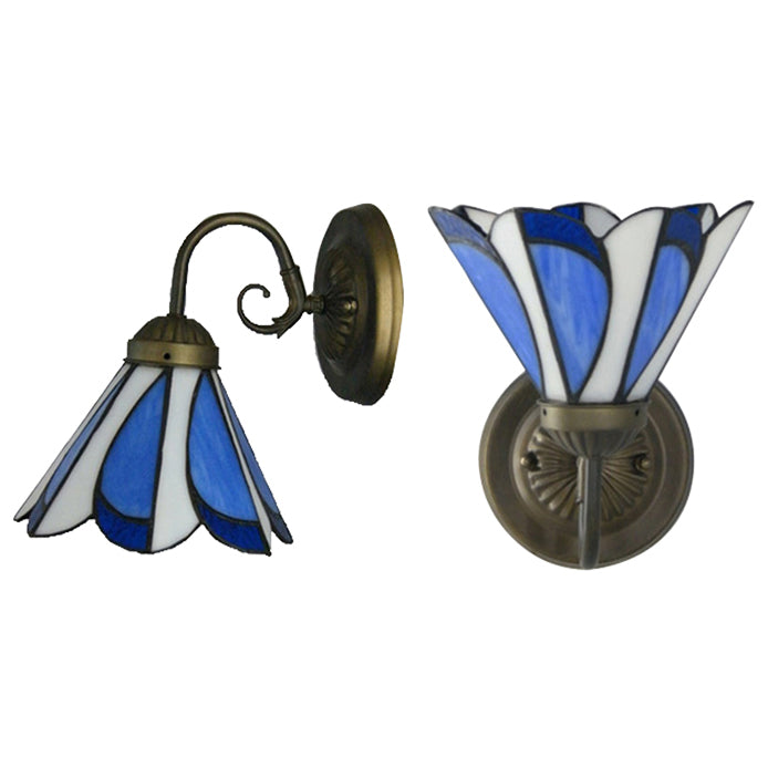 Lisslune | Cone-shaped Restaurant Café Wall Lamp Glass 1 Head Tiffany Rustic Wall Lamp in Blue and White