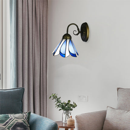 Lisslune | Cone-shaped Restaurant Café Wall Lamp Glass 1 Head Tiffany Rustic Wall Lamp in Blue and White