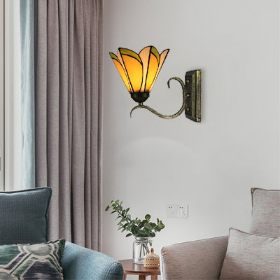 Lisslune | Yellow conical wall lamp 1 head Tiffany glass wall sconce in antique bronze for the study