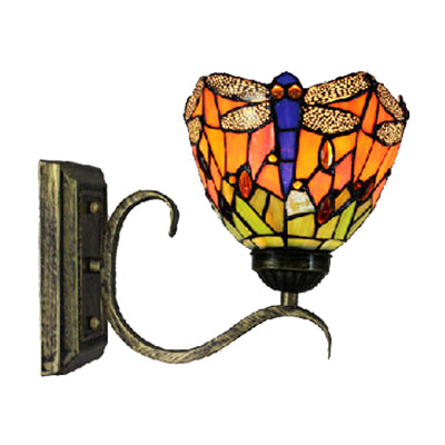 Lisslune | 1 Light Dragonfly Wall Lamp Rustic Tiffany Outdoor Lighting in Orange for Library