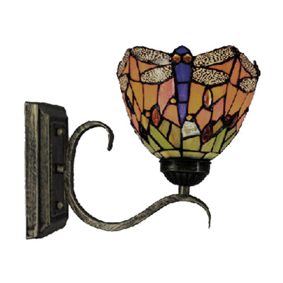 Lisslune | 1 Light Dragonfly Wall Lamp Rustic Tiffany Outdoor Lighting in Orange for Library
