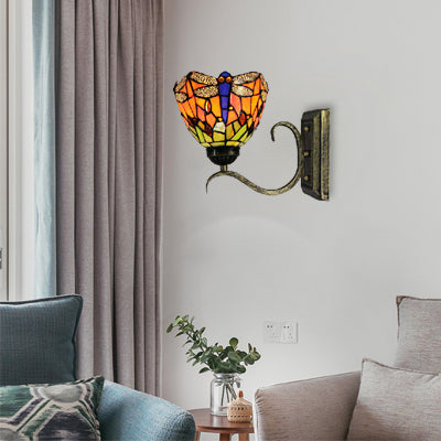 Lisslune | 1 Light Dragonfly Wall Lamp Rustic Tiffany Outdoor Lighting in Orange for Library
