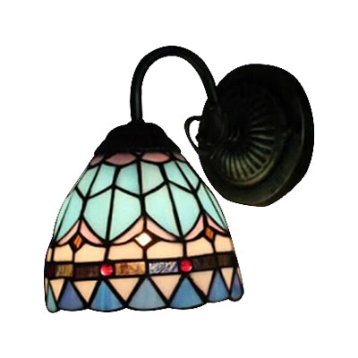 Lisslune | Stained Glass Dome Wall Lamp 1 Light Mediterranean Style Wall Lamp in Blue for Staircase