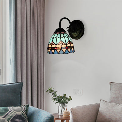 Lisslune | Stained Glass Dome Wall Lamp 1 Light Mediterranean Style Wall Lamp in Blue for Staircase