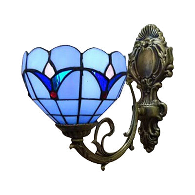 Lisslune | Foyer Bowl Shade Wall Lamp Tempered Glass 1 Main Tiffany Wall Lamp in Blue Finish